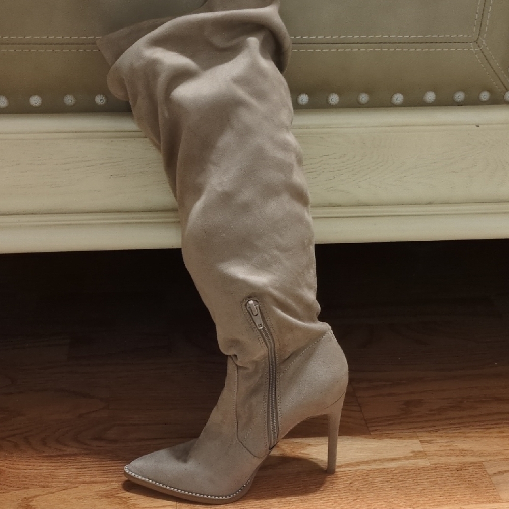 Chic Over the Knee Tan Suede Boots - Picture 3 of 7